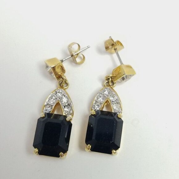 Vintage Black Rhinestone Stud Dangle Earrings, Retro Elegance, Gold Tone Setting - Picture 2 of 6